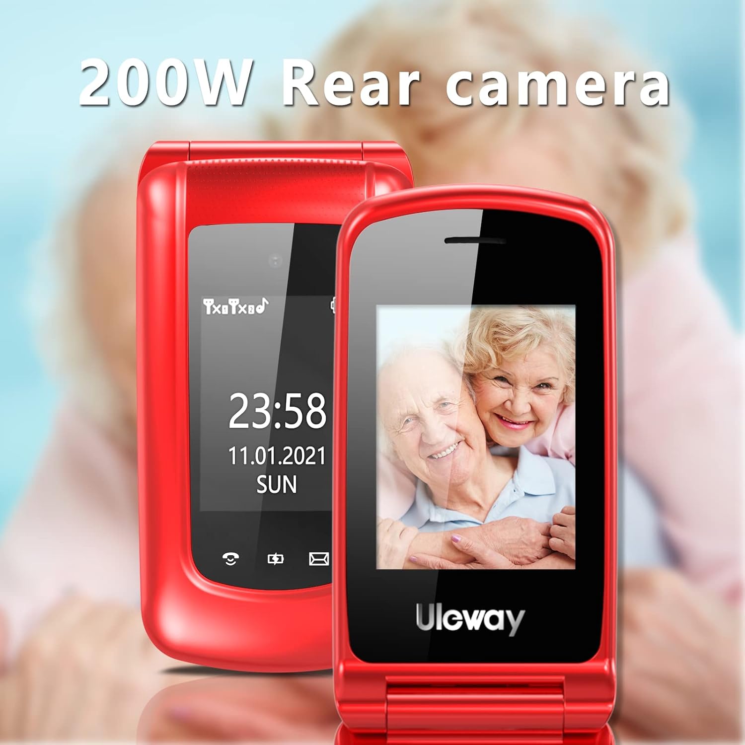Detalle 2 de CHAKEYAKE G380D Senior flip mobile phone with big buttons, dual-colour displays, SOS and 1000mAh battery (Red)