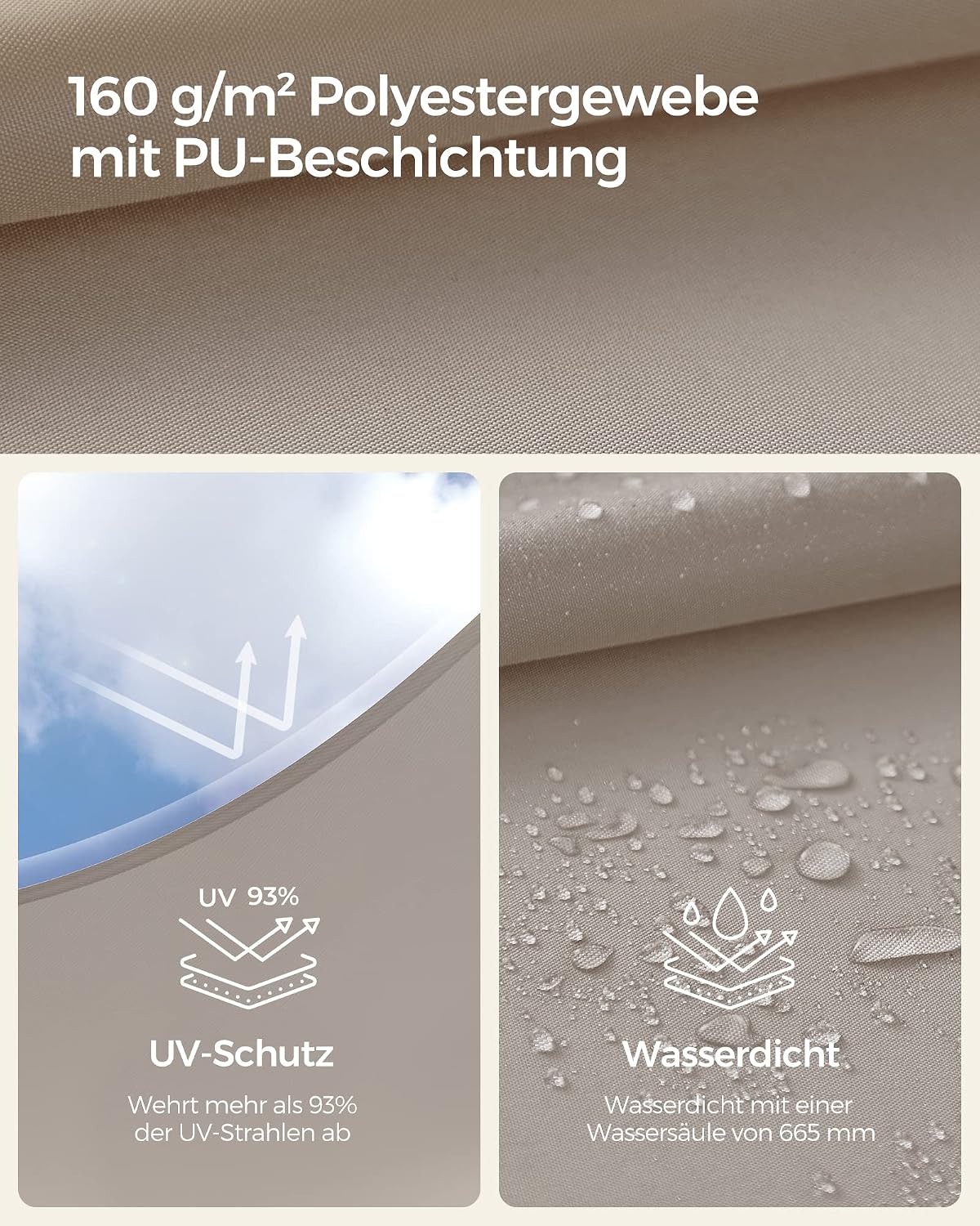Detalle de SONGMICS Sonnensegel 2 x 3 m (GSH23TP) taupe, wasserabweisend, UV-Schutz 93%