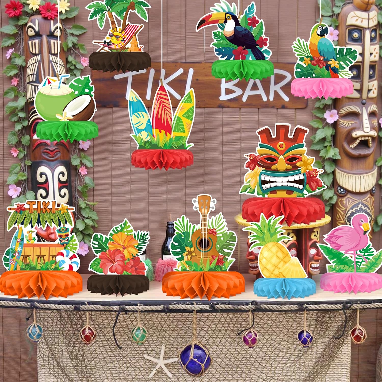 Thumbnail 3 de Hawaiian Luau Party Decorations Set: Aloha Theme Honeycomb Centerpieces for Tiki and Luau Parties