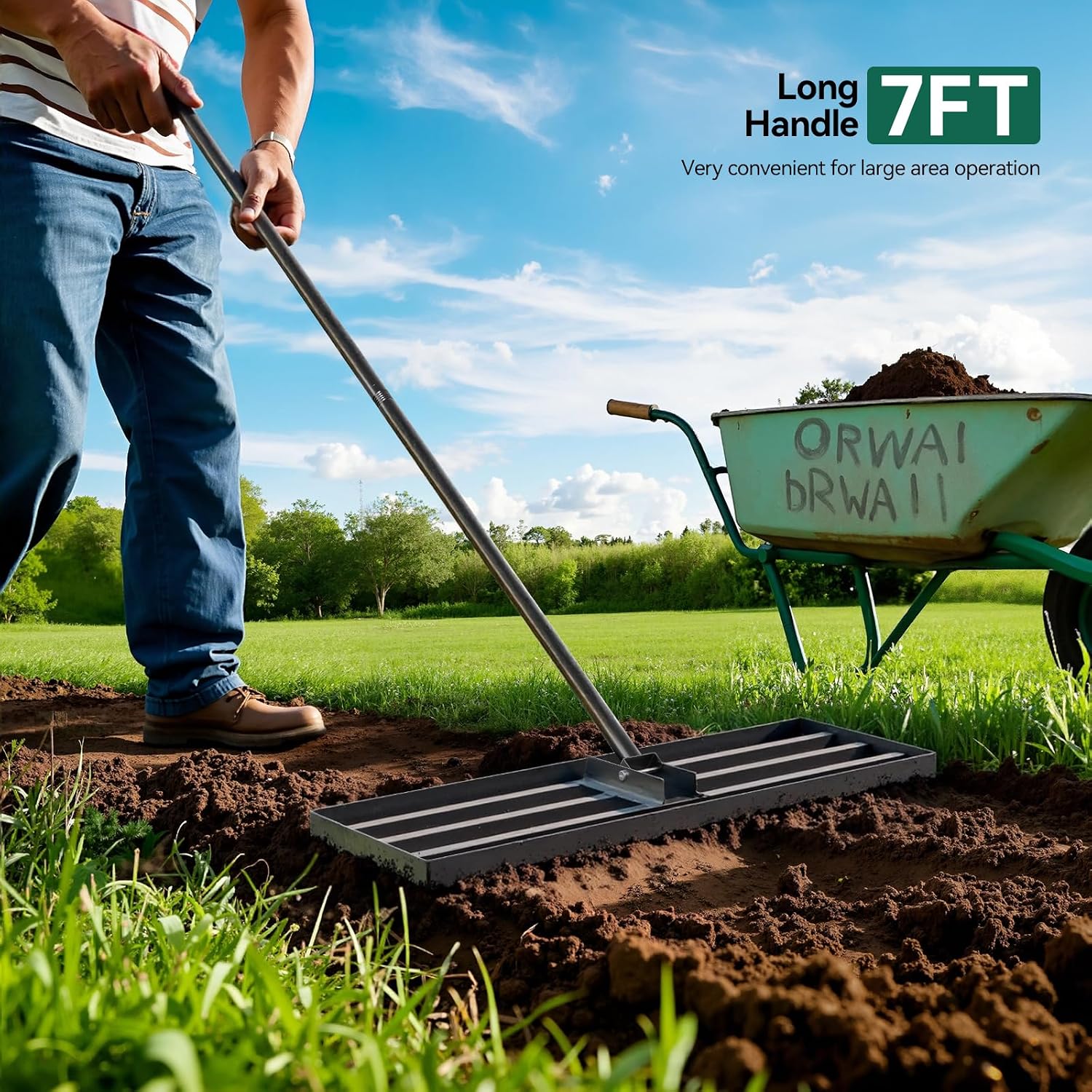 Detalle de Warmiehomy Garden Lawn Leveling Rake with Adjustable Handle (76 x 25 cm) – 2-metre leaf and soil rake for yard levelling