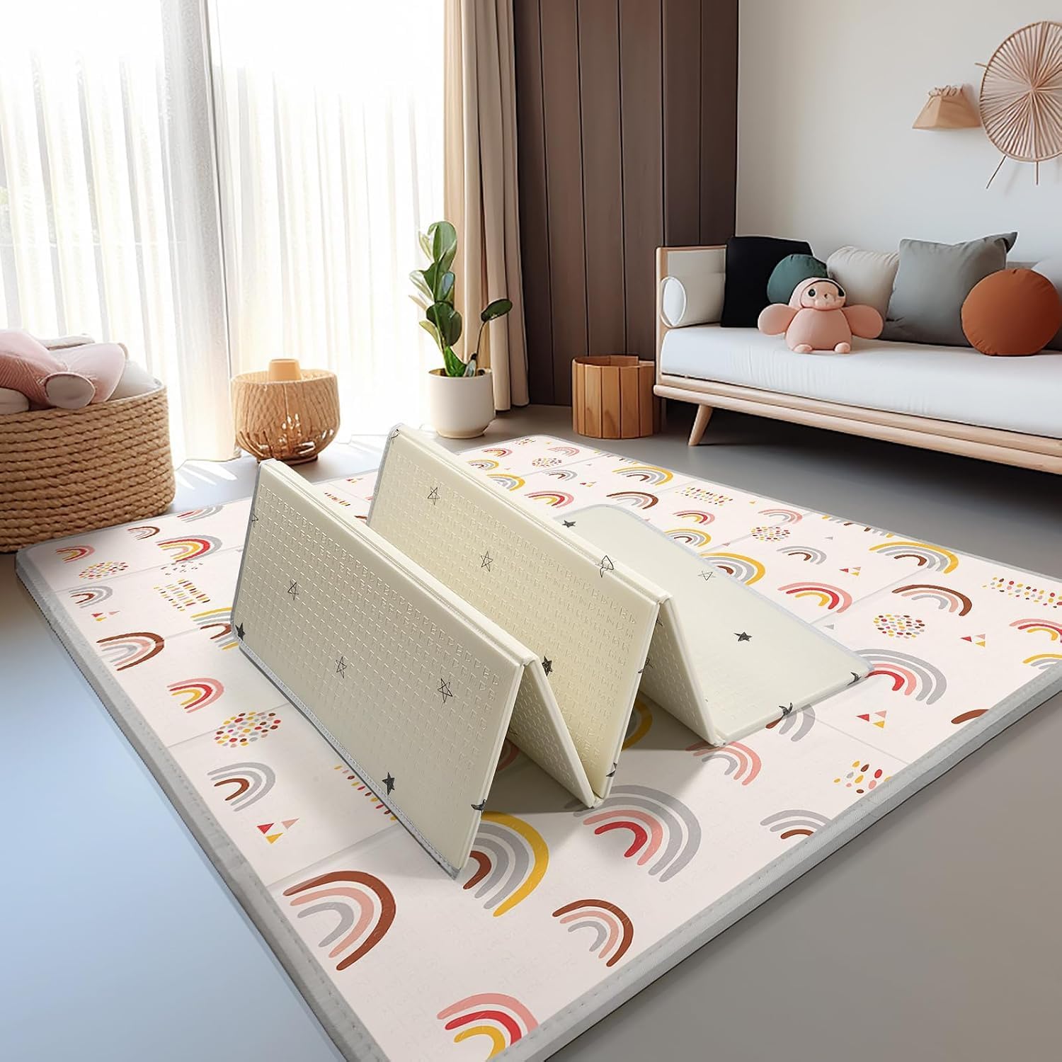 Detalle 1 de PIGLOG PLPM-Rainbow-01 Foldable Baby Play Mat, Reversible Waterproof XPE, 71 x 59 in