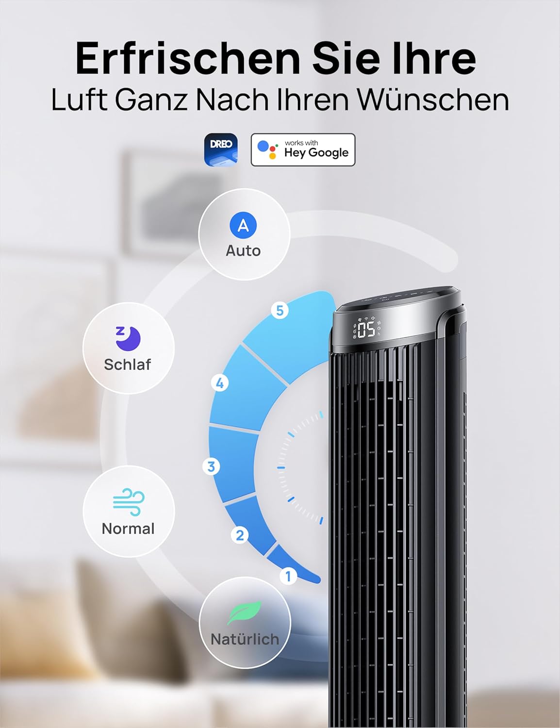 Thumbnail 5 de DREO Smart Turmventilator Sehr Leise – 90° Oszillation, App-Steuerung, Alexa & Timer