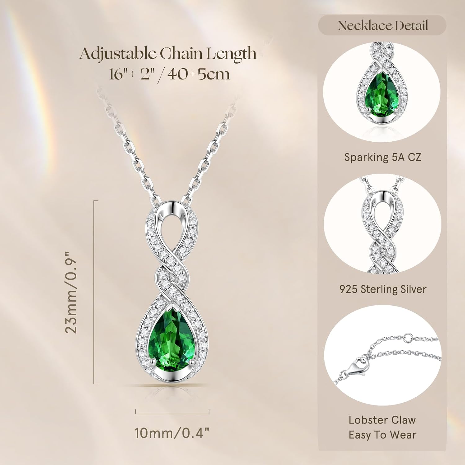 Detalle de FANCIME Infinity Embrace Halskette mit Geburtsstein – Sterling Silber, Emerald Mai
