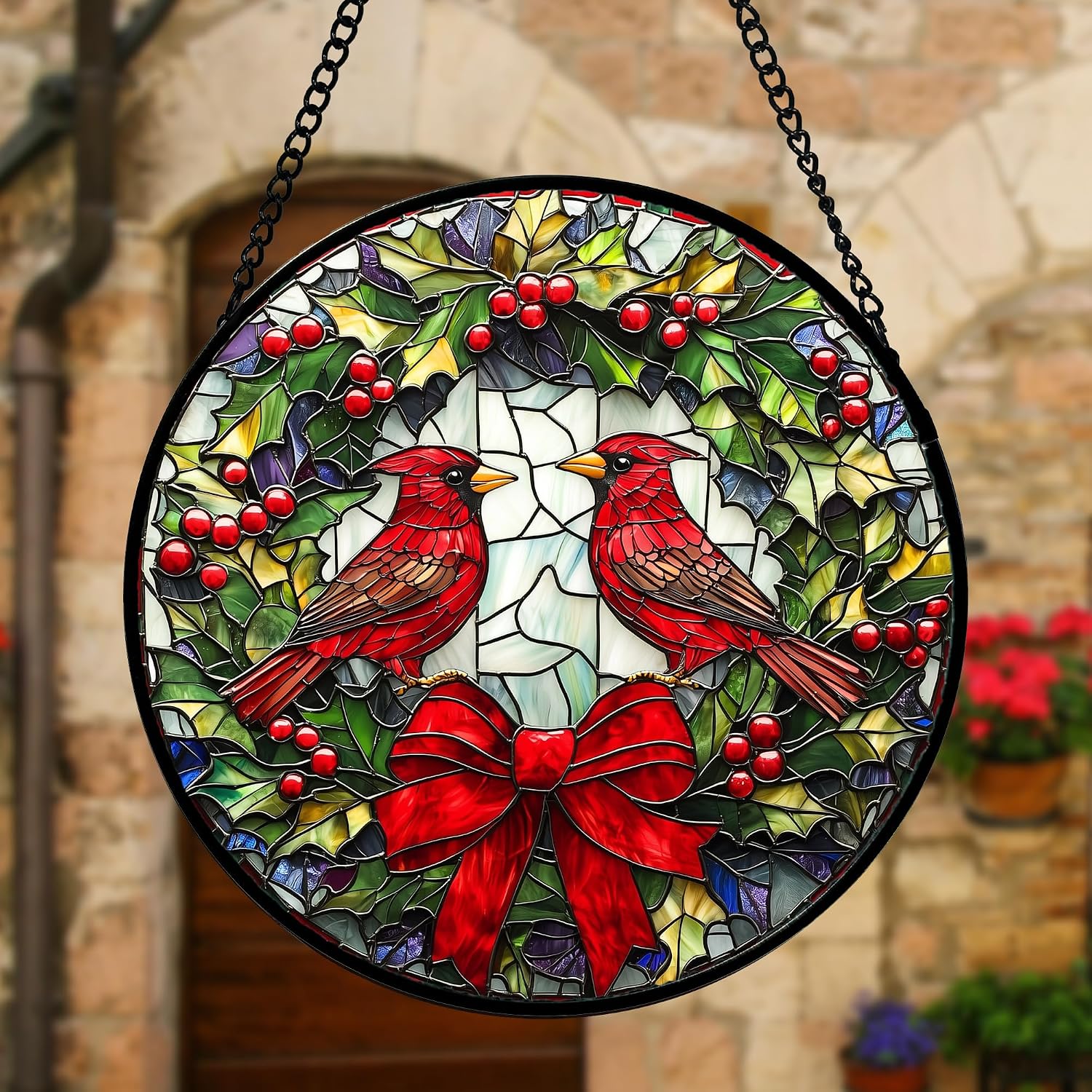 Detalle de DASTOLL Cardinals Green Wreath Glass Suncatcher, 6.3-Inch Window Hanging