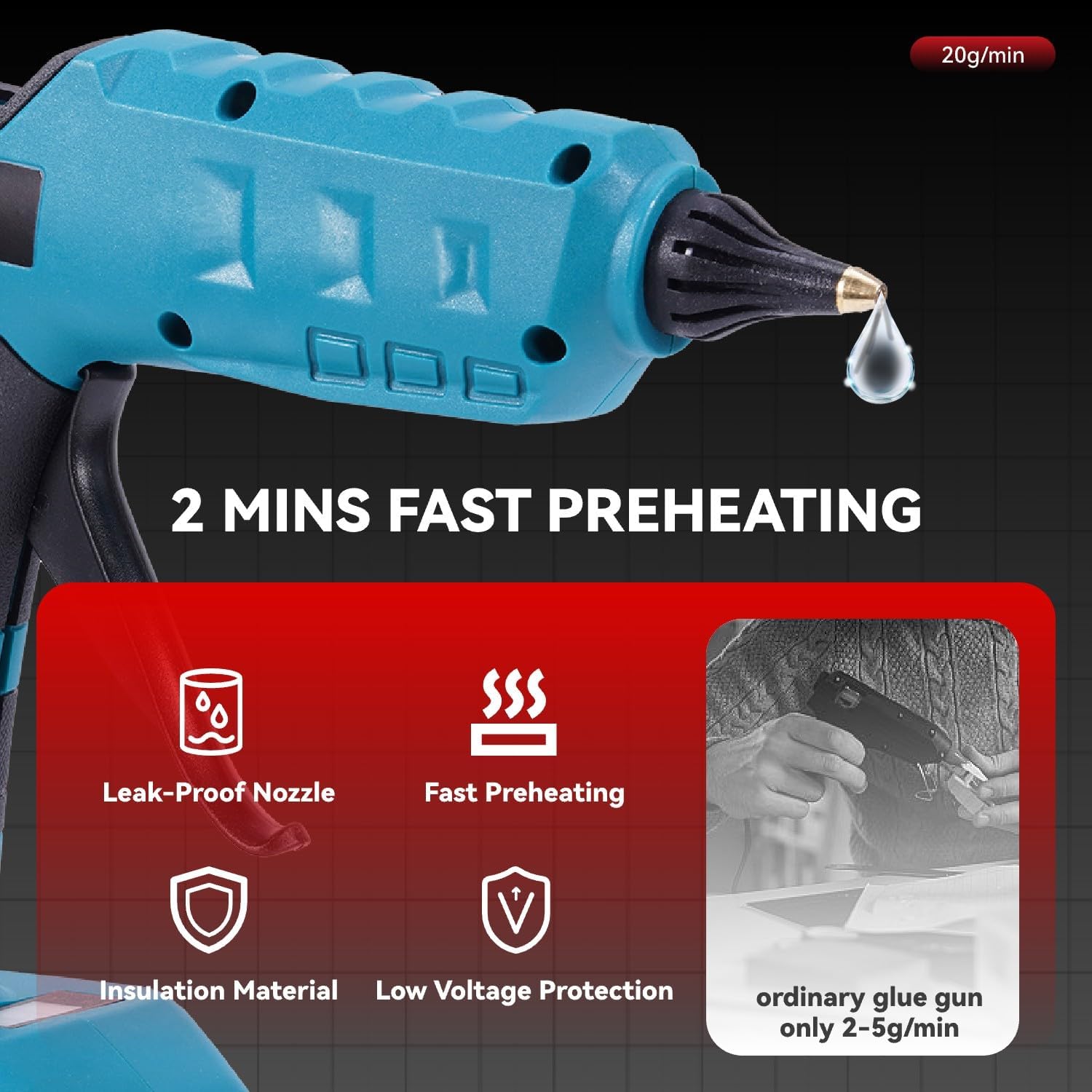 Detalle de ONEVAN Pistola per colla calda senza fili in silicone con 2x 2000mAh, 100–200°C, ricarica rapida e display LCD