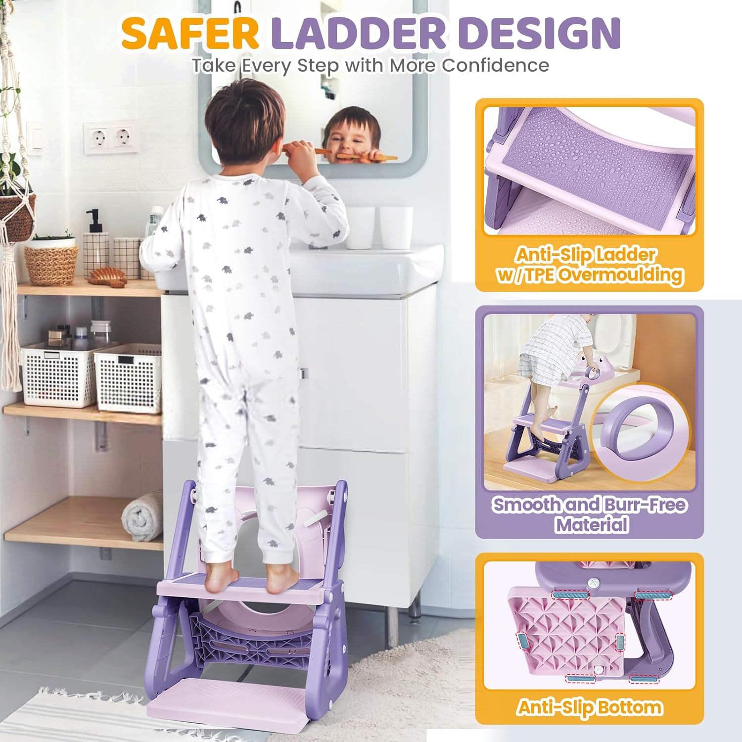 Thumbnail 4 de Orzbow réducteur de toilette enfant avec marche pliable et rehausseur antidérapant (grenouille, rosé violacé)