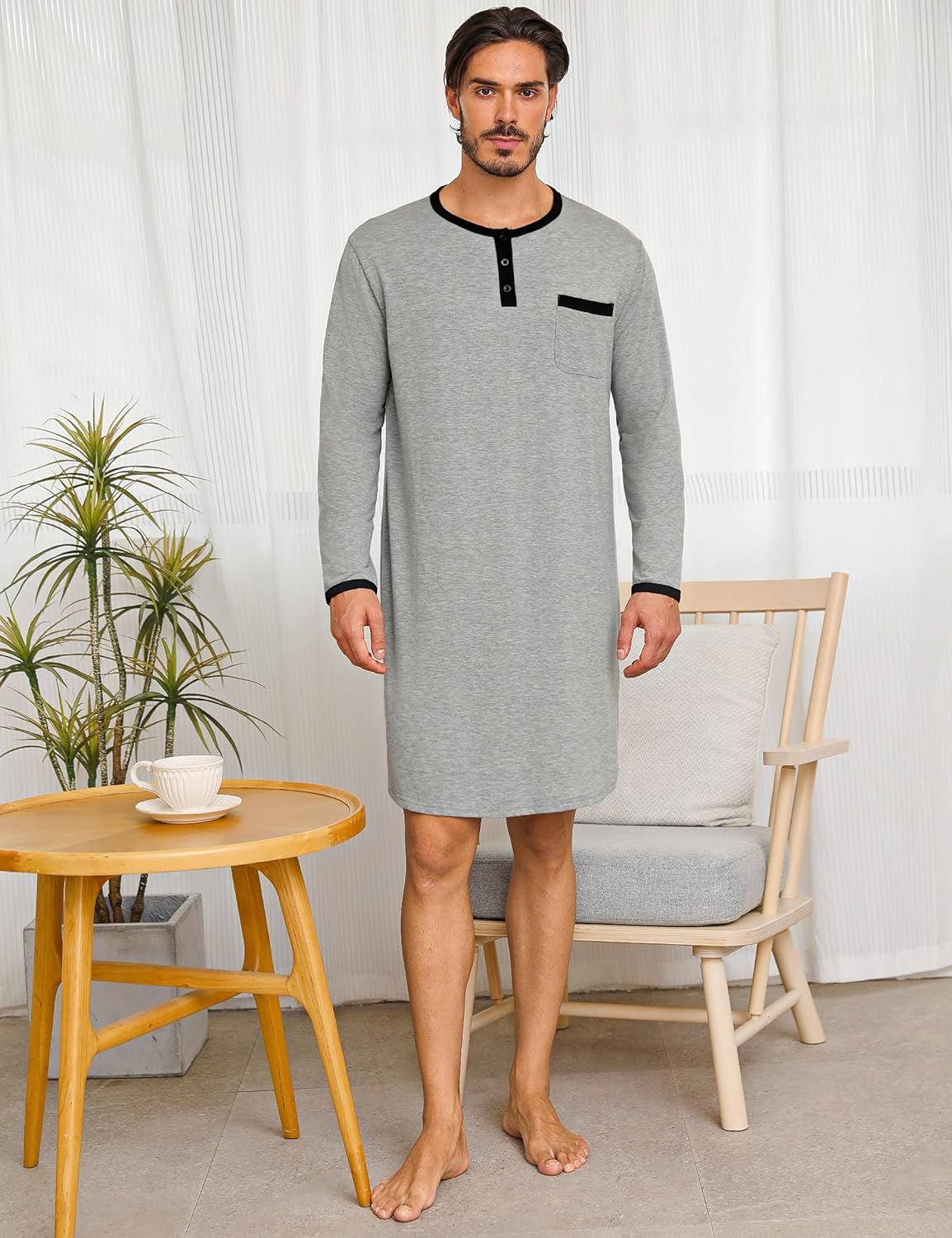 Detalle de Uniexcosm Chemise de Nuit pour Hommes – Hauts de Pyjama à Manches Longues et Col Rond