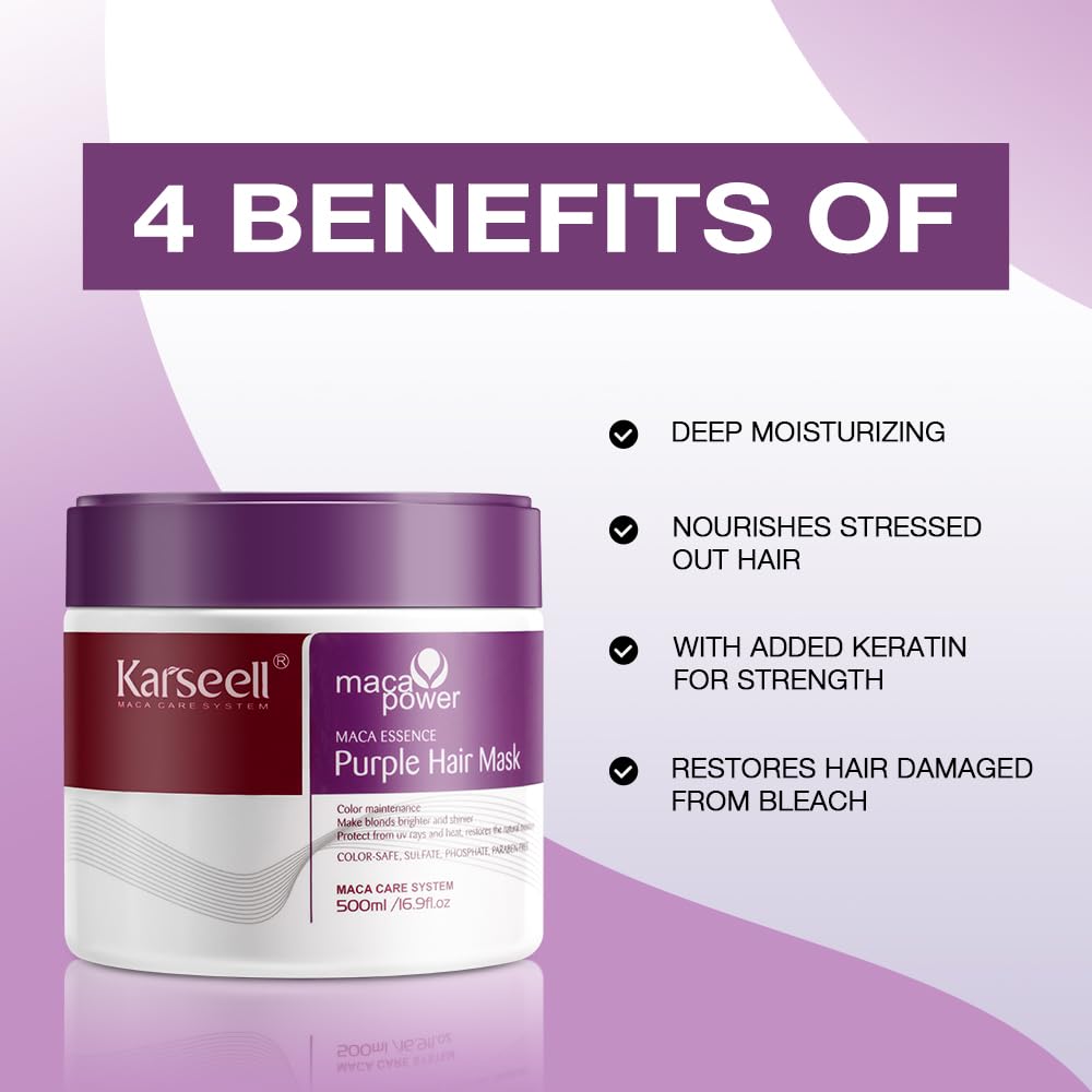 Detalle de Karseell Purple Haarmaske 500 ml – violette Kur gegen Gelbstich bei blondem, platinfarbenem und grauem Haar