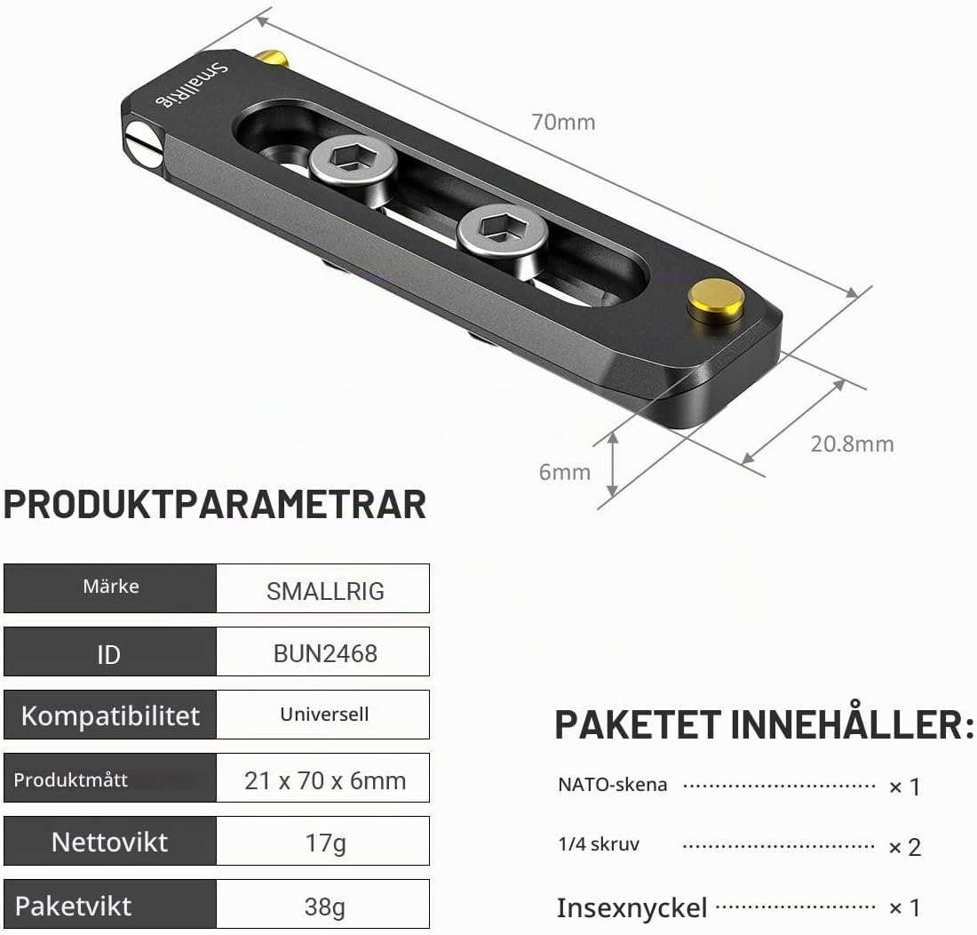 Thumbnail 6 de SMALLRIG BUN2483B lågprofilerad NATO-skena för snabbkoppling, 70 mm