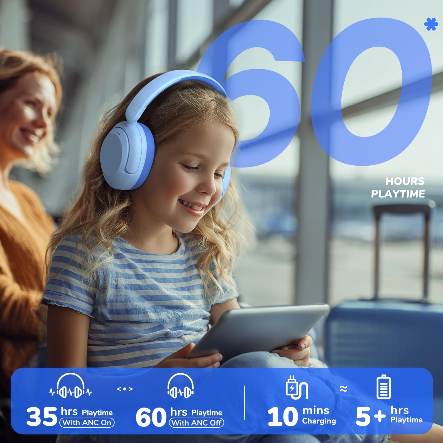 Detalle de iClever Noise Cancelling Kopfhörer Kinder Bluetooth – 60 Std. Spielzeit, 80 dBA Lautstärkebegrenzung, Bluetooth 5.4
