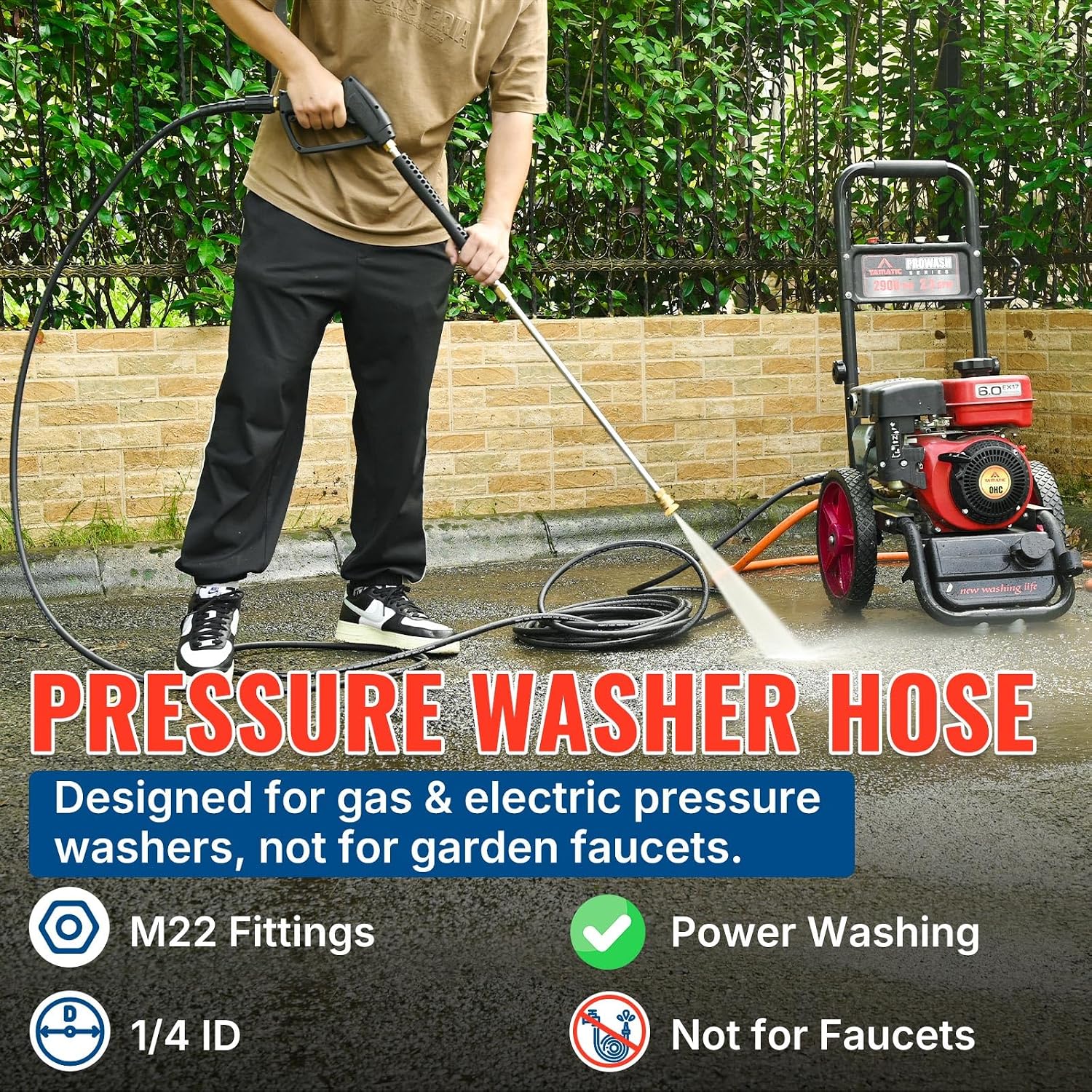Thumbnail 1 de YAMATIC Pressure Washer Hose, 50 ft x 1/4 in, 3,200 PSI, M22-14mm