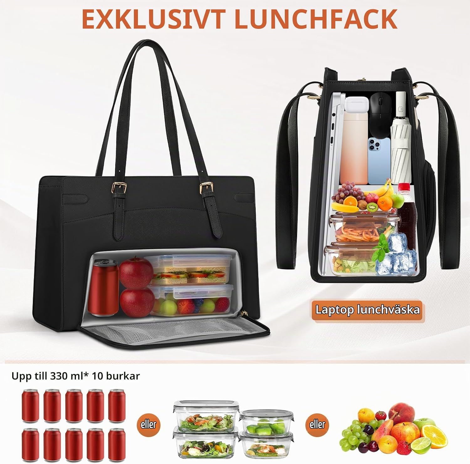 Detalle de RAINSMORE laptopväska med isolerat lunchfack, för laptop på 15,6 tum