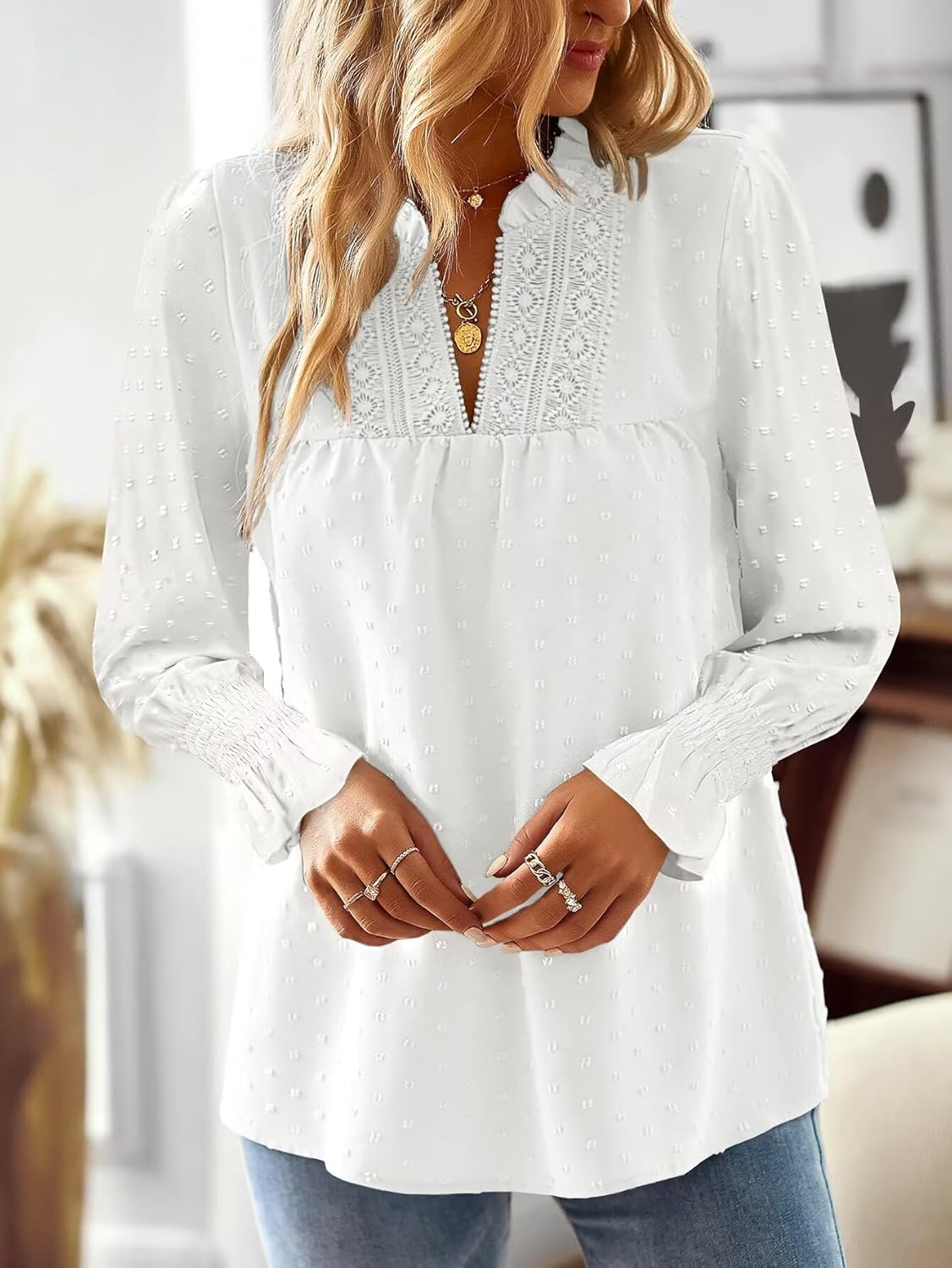 Thumbnail 4 de TUUHAW Langarmshirt Damen Herbst Boho Top mit V-Ausschnitt – Häkelverzierung, Volant & Pompon