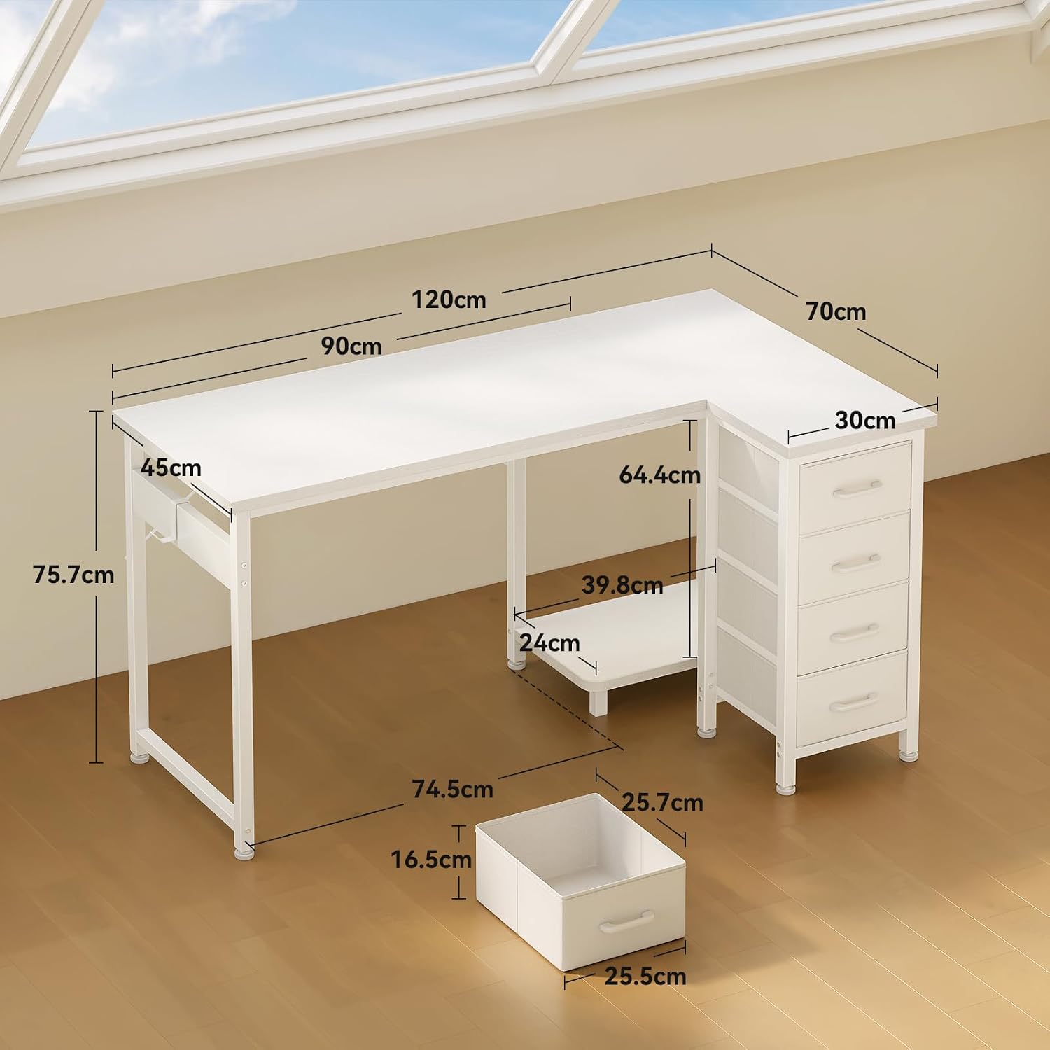 Detalle de Coleshome ZJZ-ZX4D hörnskrivbord 120 × 70 cm med fyra tyglådor, vitt