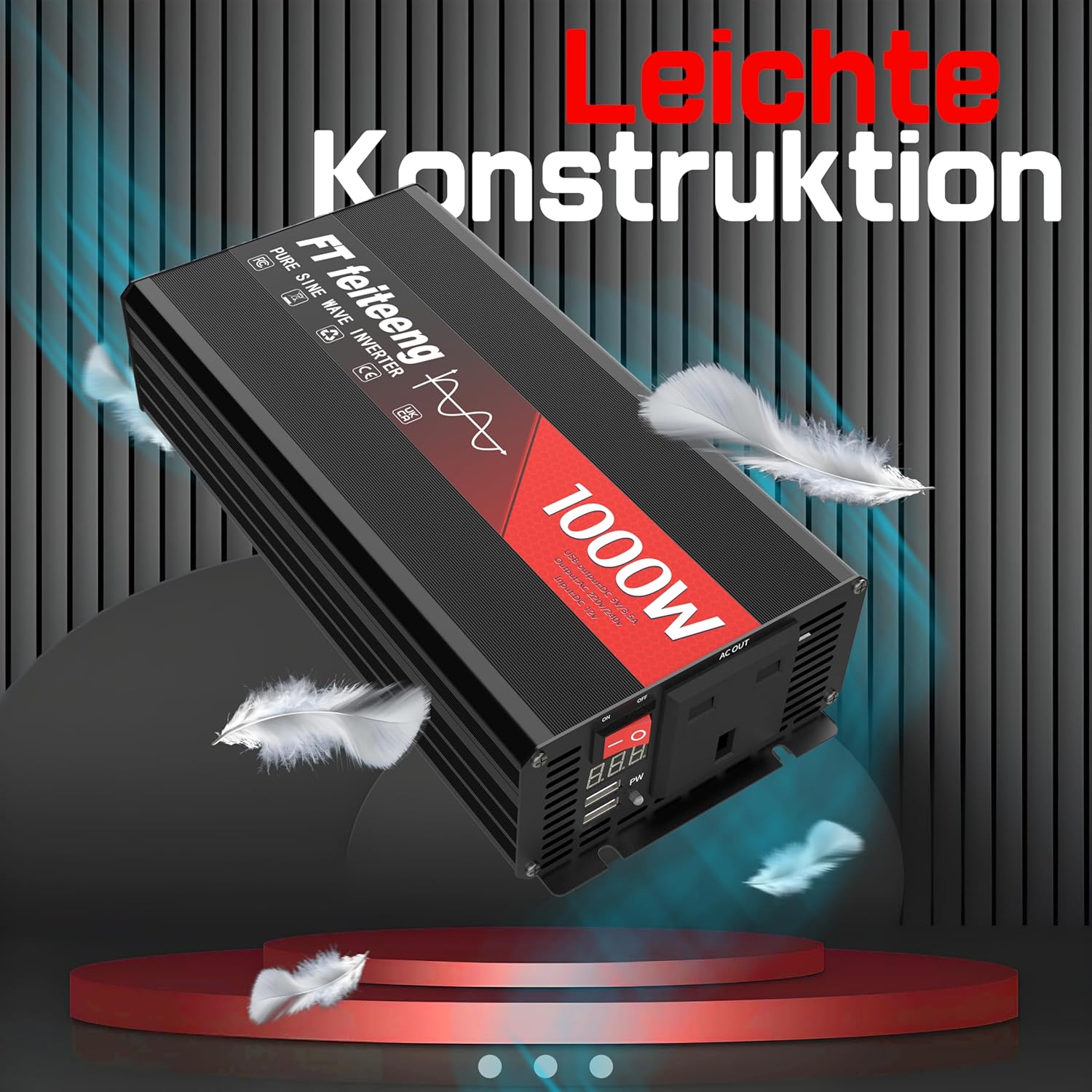 Thumbnail 2 de 1000W 12V to 240V Pure Sine Wave Inverter with Dual USB 3.1A, LED Display and 6 Protections