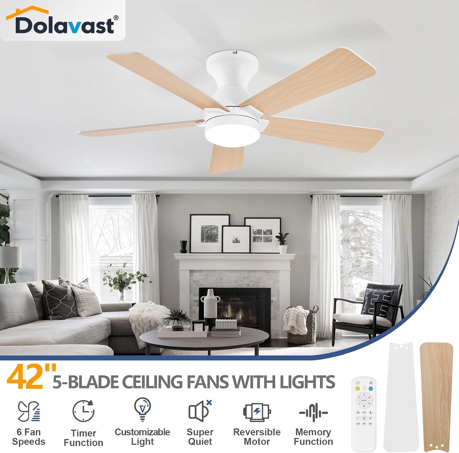 Detalle 2 de Dolavast HY-6163-5/42 42-Inch Low-Profile Ceiling Fan with Light
