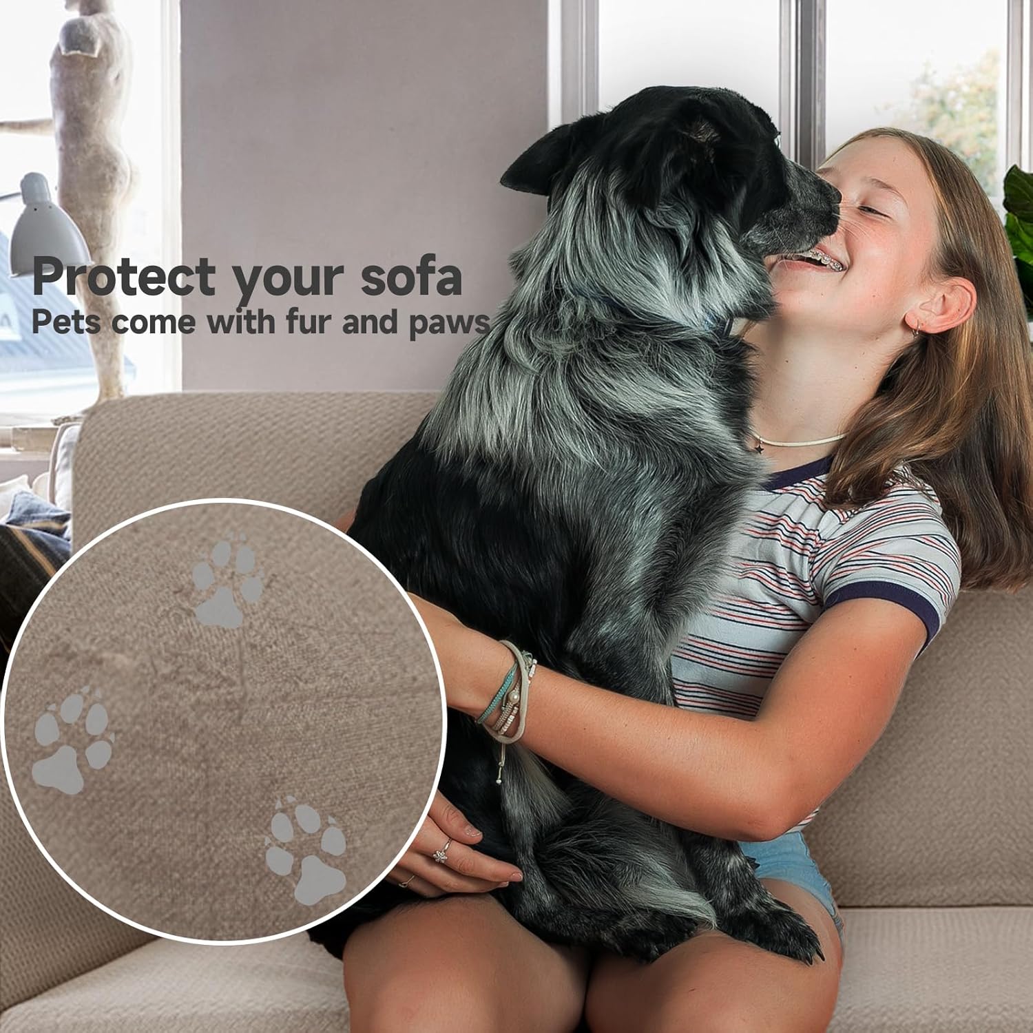 Thumbnail 1 de Ystyle housse de canapé extensible 4 places avec accoudoirs (universelle) – tissu jacquard façon moderne, sable