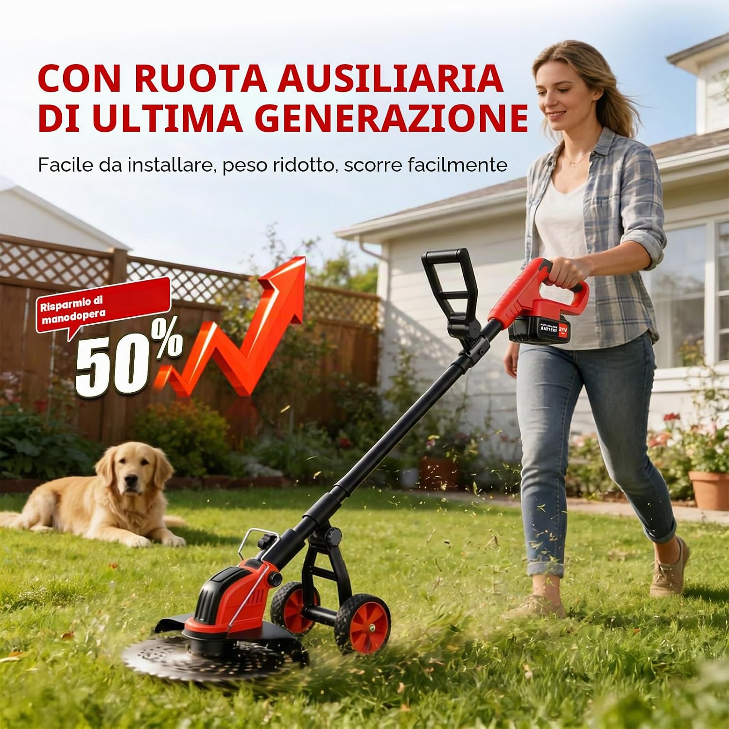 Detalle de Decespugliatore a Batteria da 30 cm con Motore Anteriore Brushless e 4 lame – 2x3000mAh