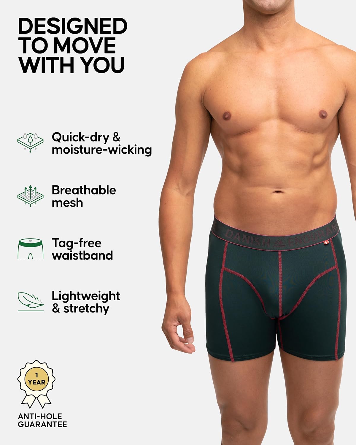 Thumbnail 1 de DANISH ENDURANCE Mens Boxers: Anti-Chafing, Moisture-Wicking, Long Leg or Regular — 6 Pack