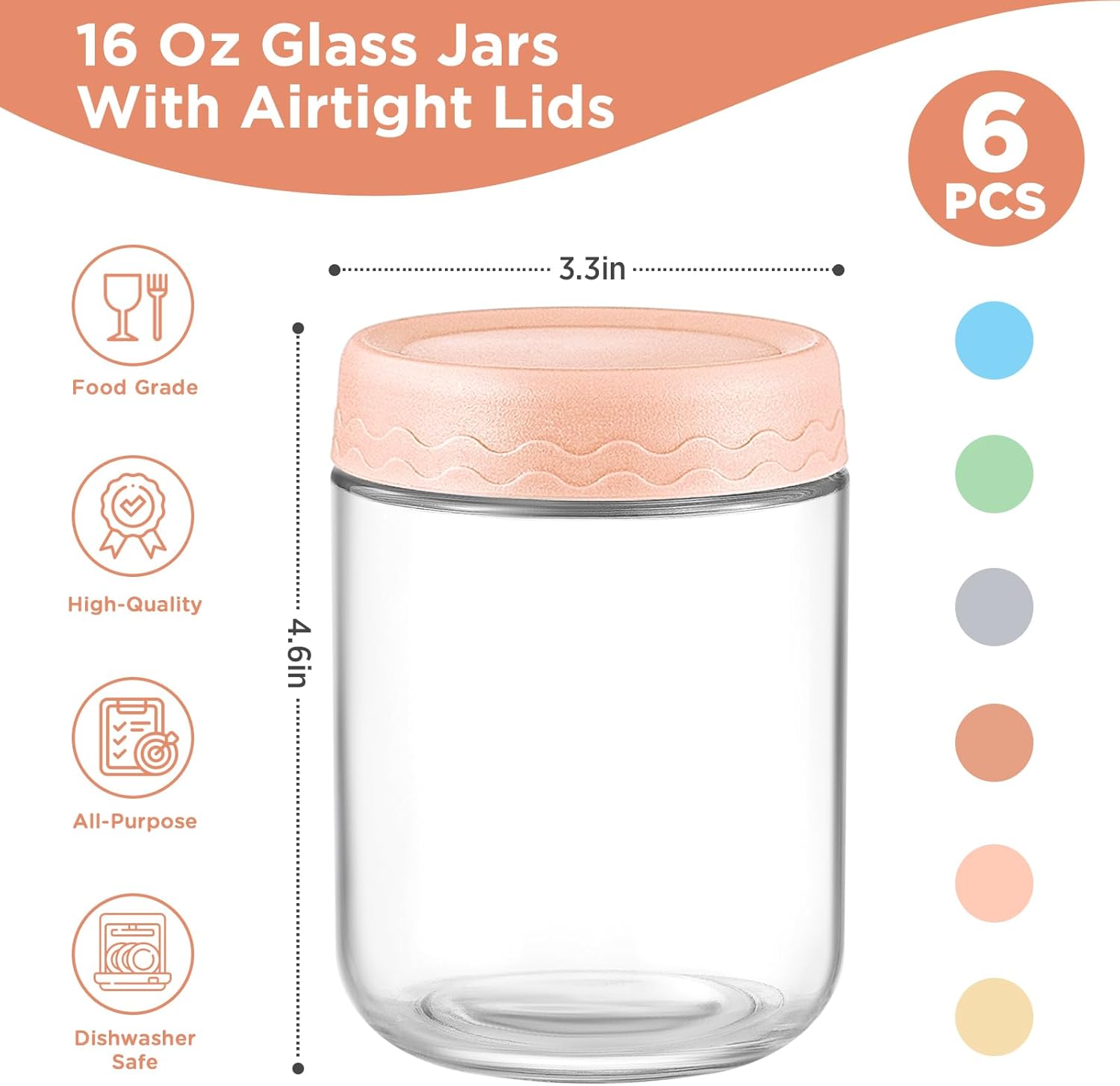 Thumbnail 1 de DRKIO 16 oz Overnight Oats Glass Storage Jars with Airtight Lids (6-Pack)
