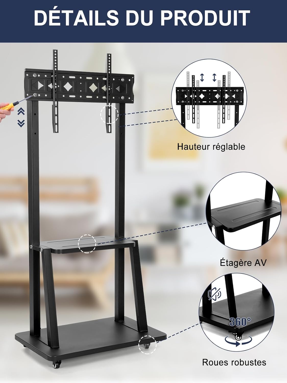Thumbnail 3 de Support TV sur pied roulant pour 32–75 pouces – Meuble TV blanc avec étagère et roues verrouillables