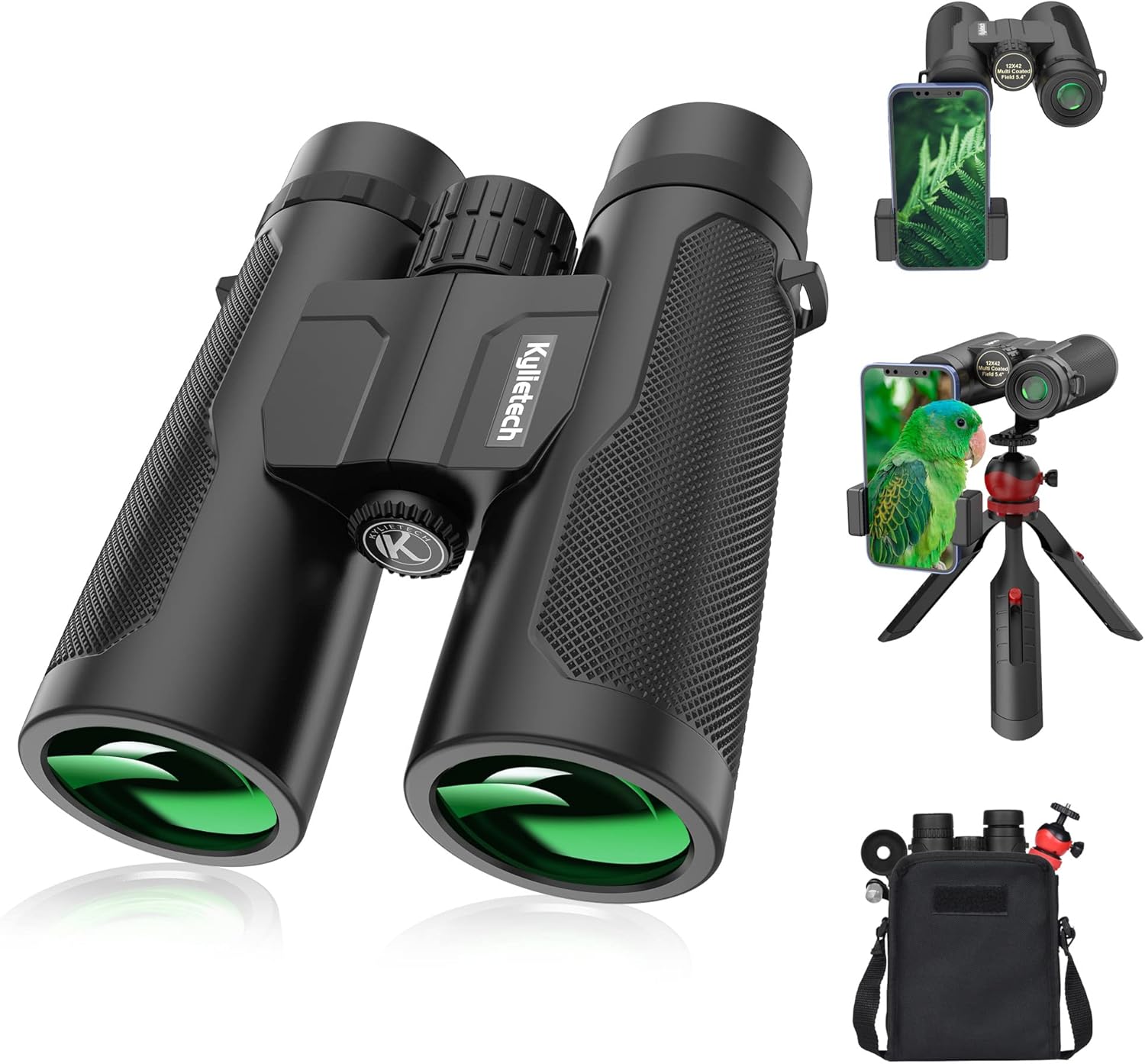 Detalle de Kylietech 12x42 Fernglas für Erwachsene mit Stativ & Smartphone-Adapter (wasserdicht, BaK-4, FMC)