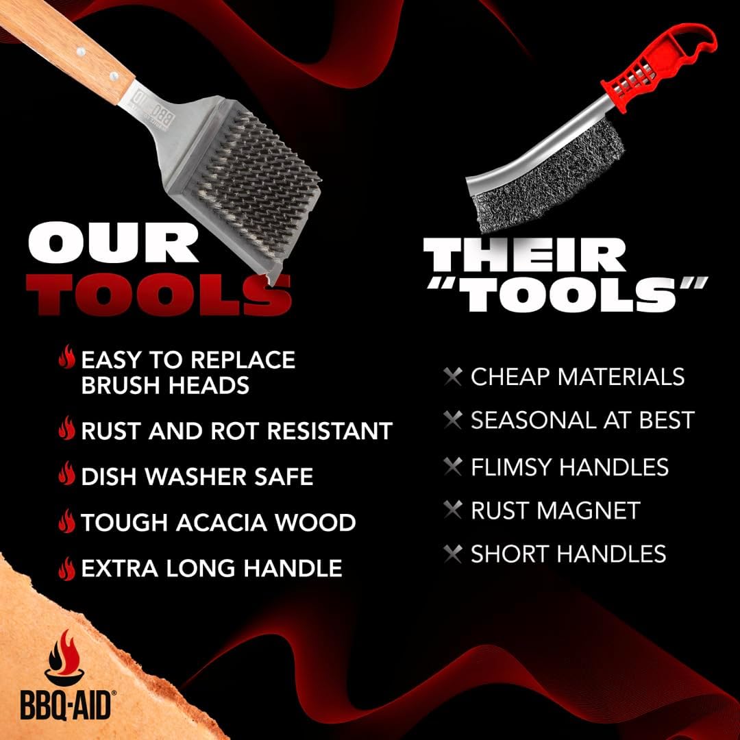 Thumbnail 3 de BBQ-Aid BBQ-AID Grill Brush and Scraper, 17-Inch Acacia Handle, Replaceable Stainless Steel Head