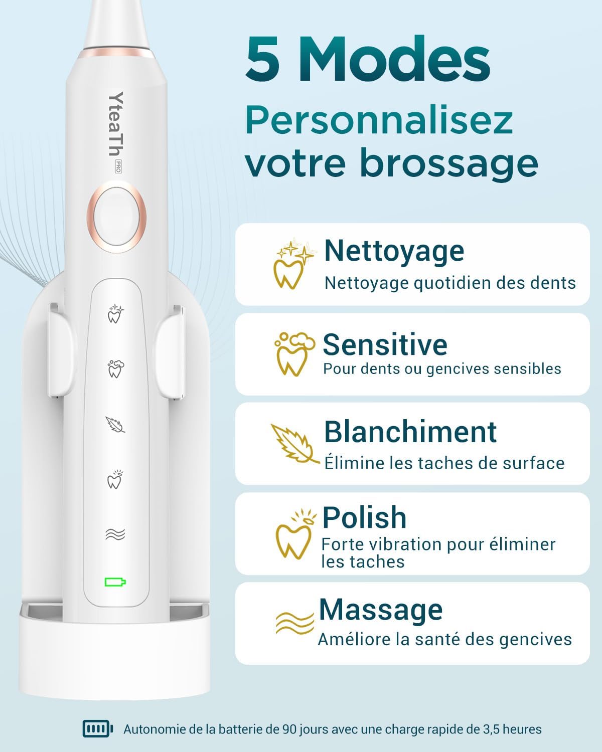 Detalle de Brosse À Dent Électrique Soniques pour Blanchiment – 8 Têtes, Étui de Voyage, 5 Modes, IPX7