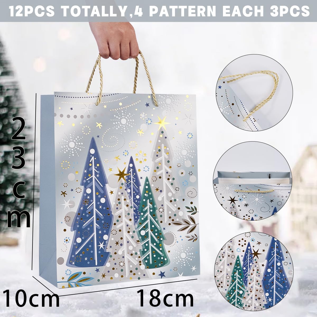 Detalle de 12Pcs Christmas Paper Gift Bags with Tissue Paper (Silver) – 9 Inch Medium Pack