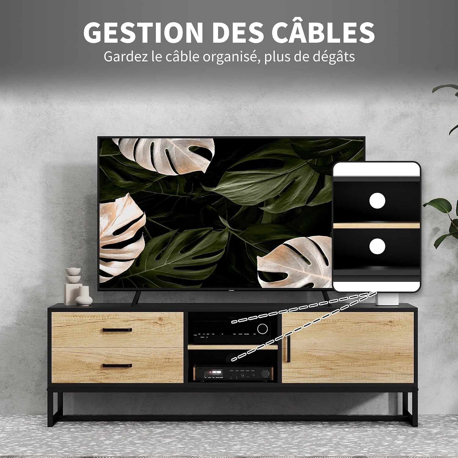 Thumbnail 4 de HOMCOM Meuble TV Bois Naturel pour écran jusqu’à 60 pouces – rangement polyvalent et étagère ajustable