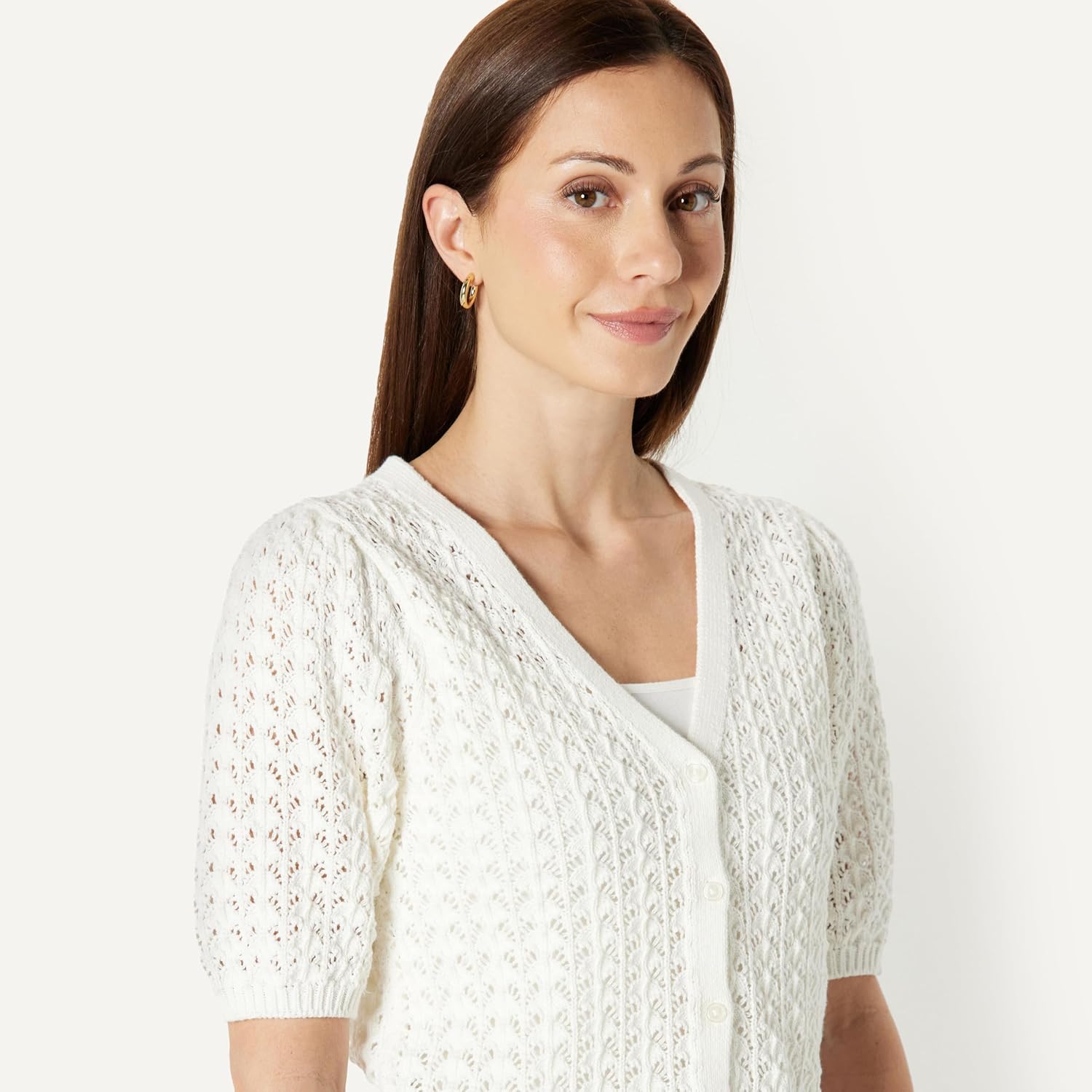 Detalle de Amazon Essentials Damen Kurzärmeliger Häkel-Cardigan aus Baumwolle – leichtes, atmungsaktives Sommertop mit V-Ausschnitt