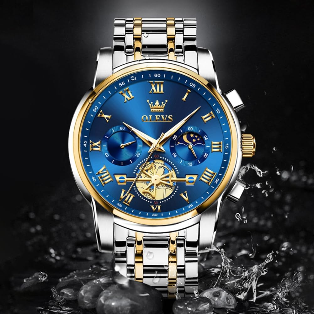 Detalle 1 de OLEVS Men's Quartz Watch, 41 mm Big Dial, Stainless Steel, Luminous Feature