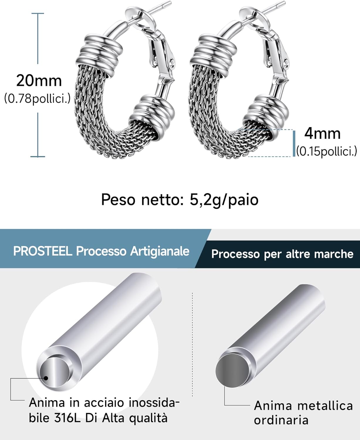 Thumbnail 4 de PROSTEEL Orecchini Cerchio a Maglia Metallica 20–80 mm | Acciaio Ipoallergenico