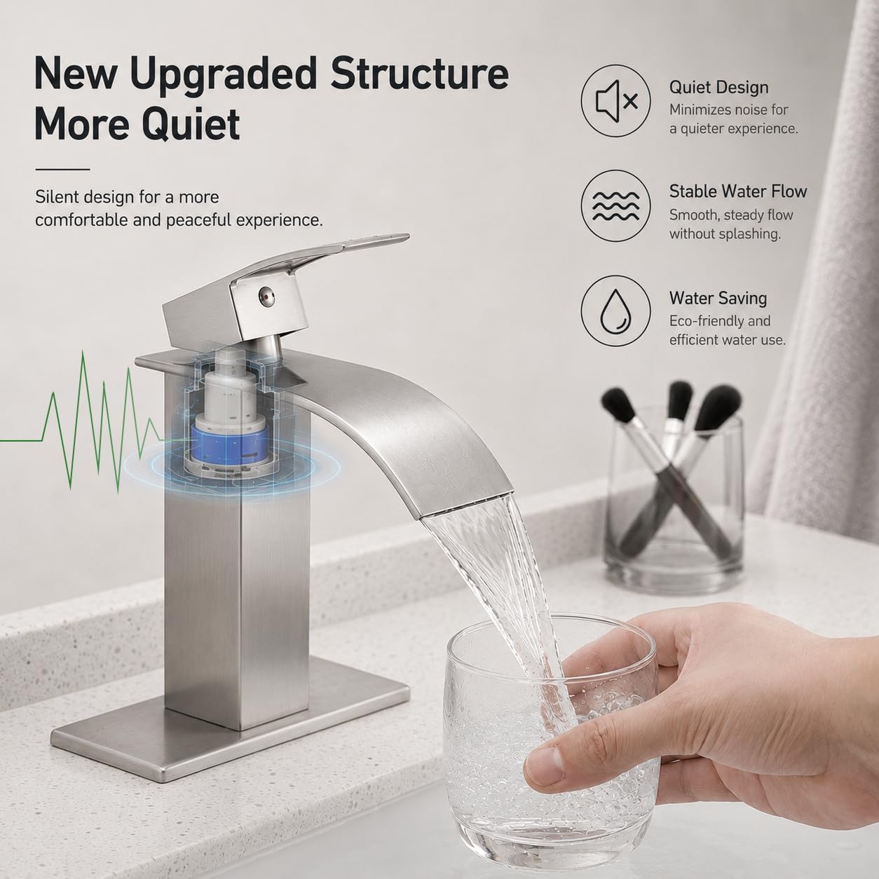 Detalle de VOTON V-1527L Waterfall Bathroom Faucet, Brushed Nickel, Single-Hole
