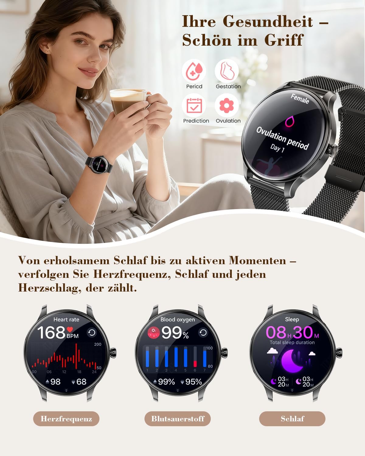 Detalle 2 de WalkerFit Smartwatch Damen Rund 1,43" AMOLED – 120+ Sportmodi, IP68, kabelloses Laden, Bluetooth Anrufe