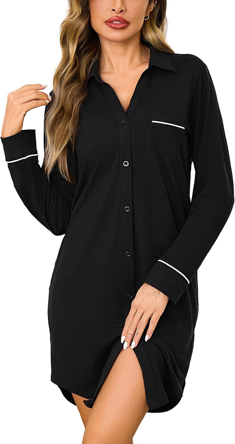 Bresdk Camicia da Notte Donna Aperta davanti invernale in cotone con maniche lunghe – maternità, allattamento e ospedale