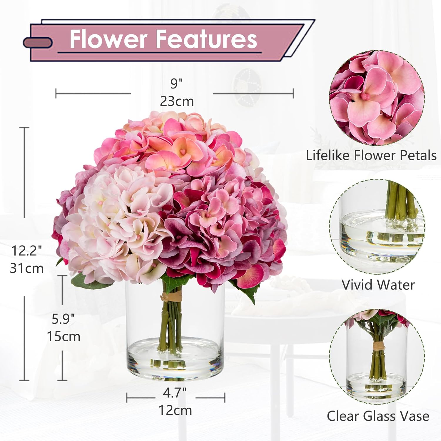 Thumbnail 1 de Oairse Kunstblumen mit 5 Hortensien in Glasvase – Real Touch Kunstwasser für Hochzeit, Zuhause & Hotel