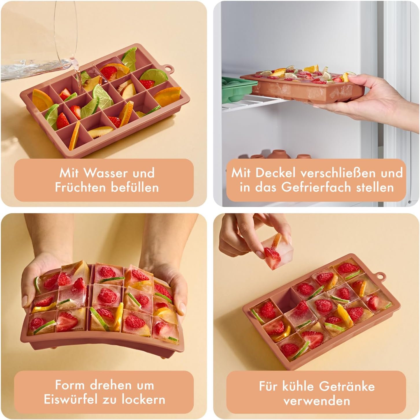 Thumbnail 4 de Blumtal Silikon-Eiswürfelformen 3er-Set: 15er Fächer pro Form mit Deckel, BPA-frei, lebensmittelecht, Olivgrün/Mineralrot