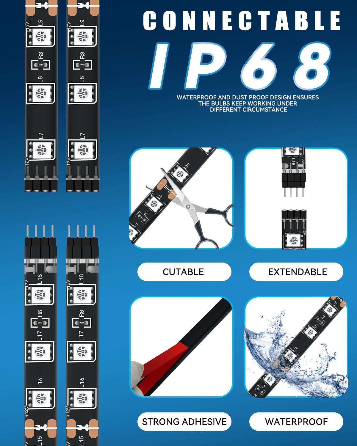 Thumbnail 1 de 4-Pack 12V Amber LED Strip Lights for Car, Motorbike & Marine Underglow (60cm/24")