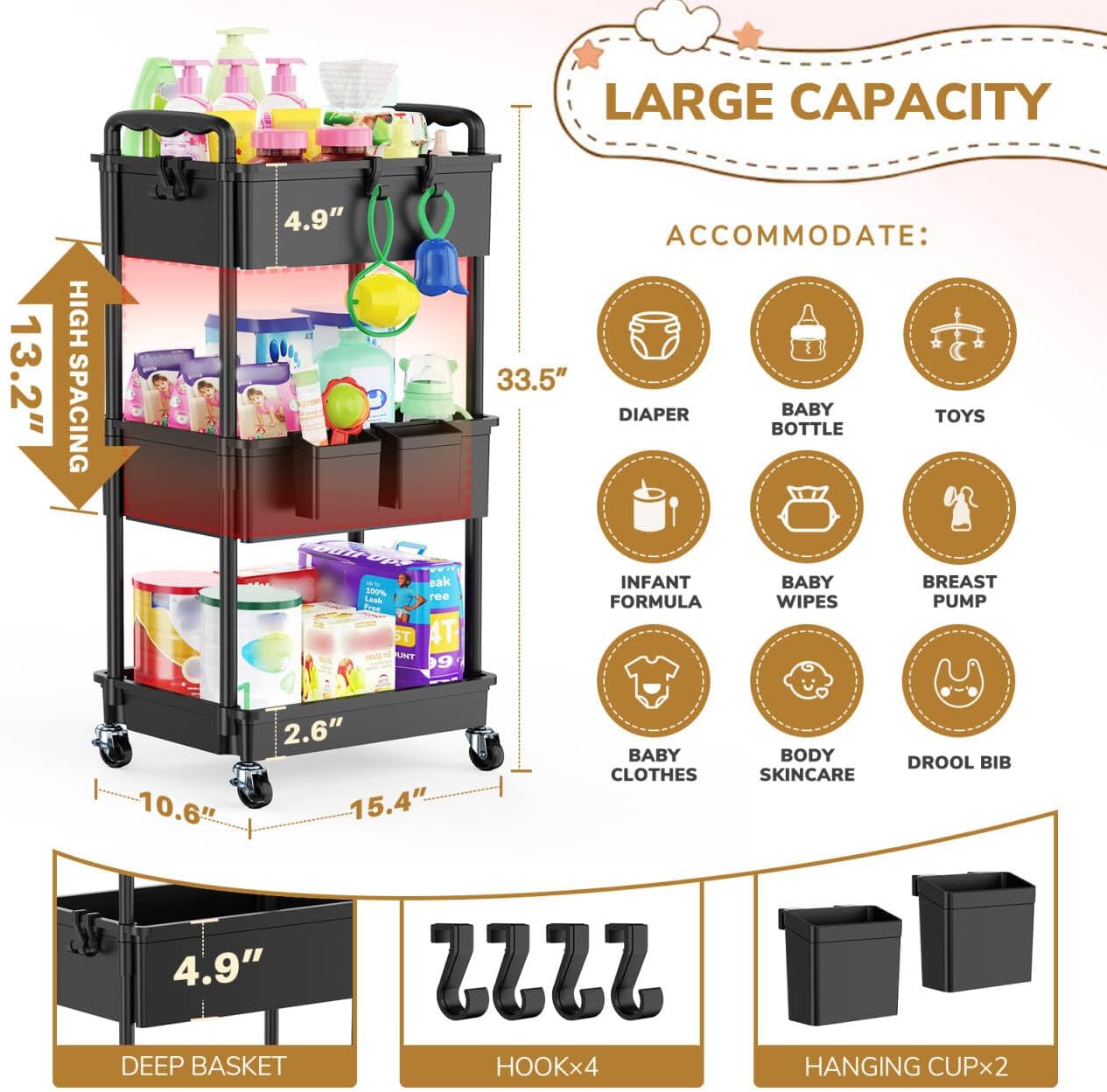 Detalle 2 de Goovilla 3-Tier Diaper Cart with Locking Wheels, Black Plastic Organizer