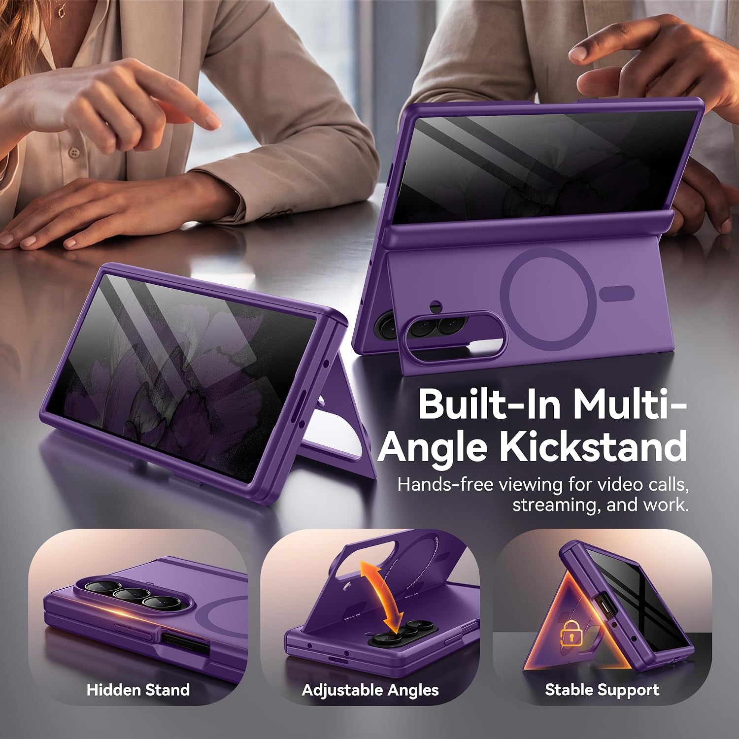 Detalle 2 de BERFY Z Fold 7 Case with Privacy Screen Protector, Hidden Kickstand & MagSafe Compatibility (Purple)