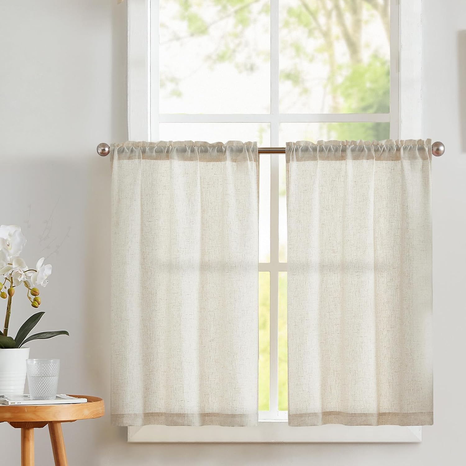 Thumbnail 6 de Vangao Lot de 2 Rideaux Brise-bise en Lin Beige – 65 x 115 cm, cordon de serrage, style campagnard