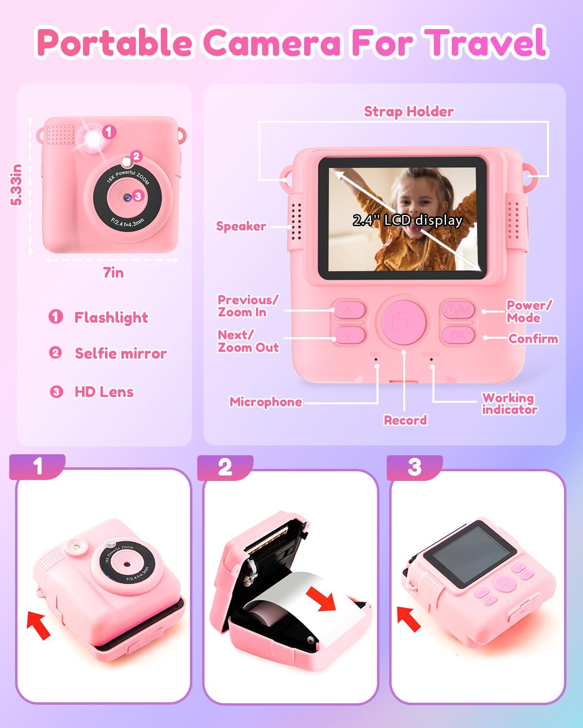 Thumbnail 6 de YORKOO Kids Instant Camera (Thermal Print) with Photo Paper, 1080P HD Digital Camera and Video Recorder, 32GB SD Card – Pink