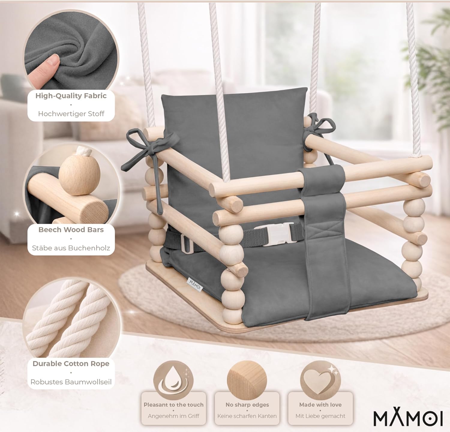 Detalle 2 de MAMOI Altalena per bambini Baby swing 3 in 1 in legno (per casa e porta), fino a 25 kg