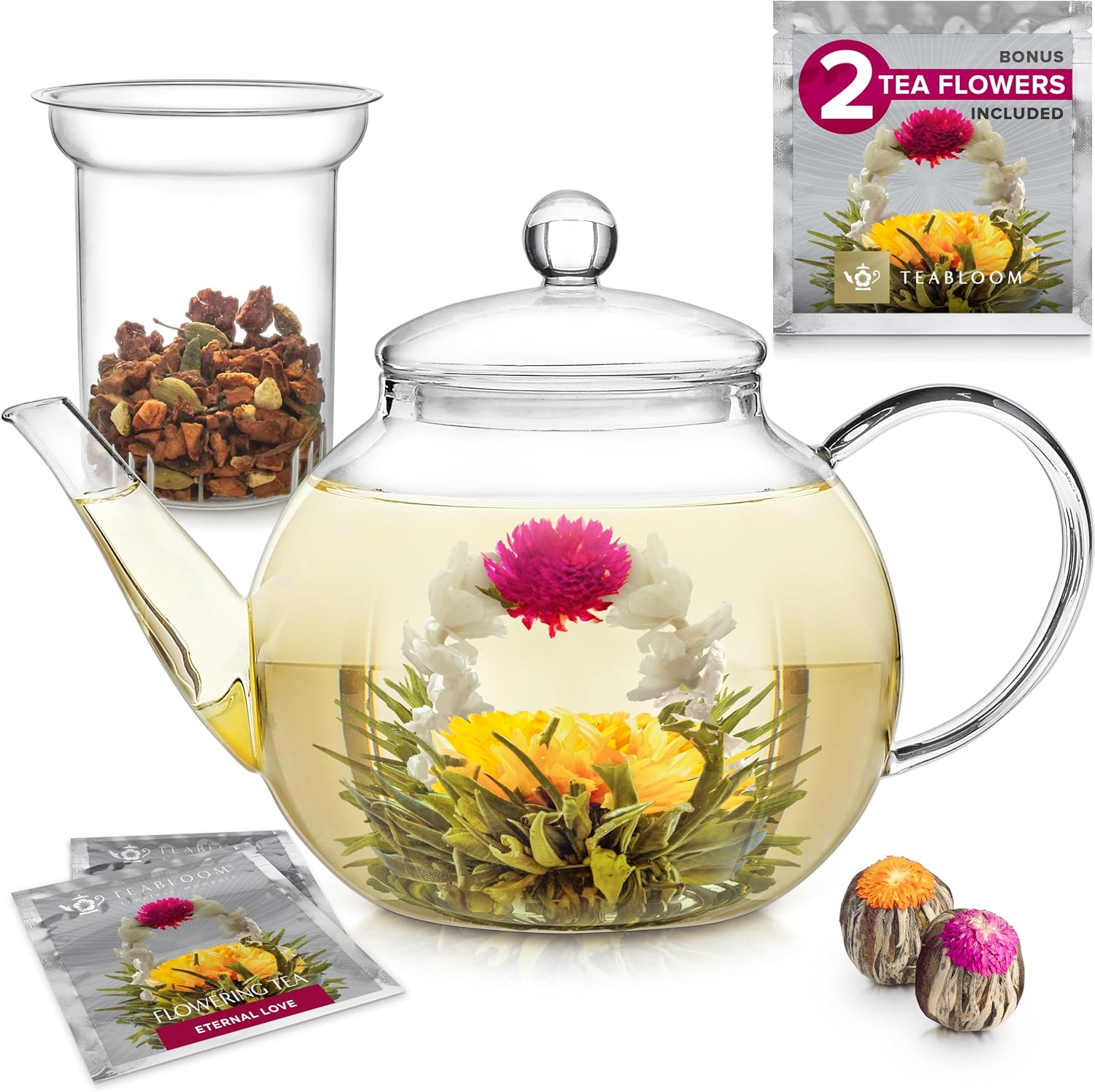 Detalle de Teabloom CEL-POT-US Glass Teapot, 40 oz Borosilicate with Infuser and Two Blooming Teas
