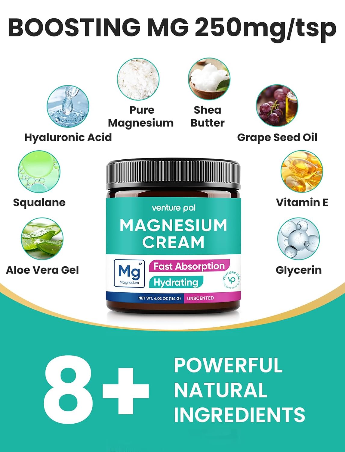Detalle de Venture Pal Topical Magnesium Cream: Fast-Absorbing Hydration with Coconut Oil, Shea Butter & Hyaluronic Acid