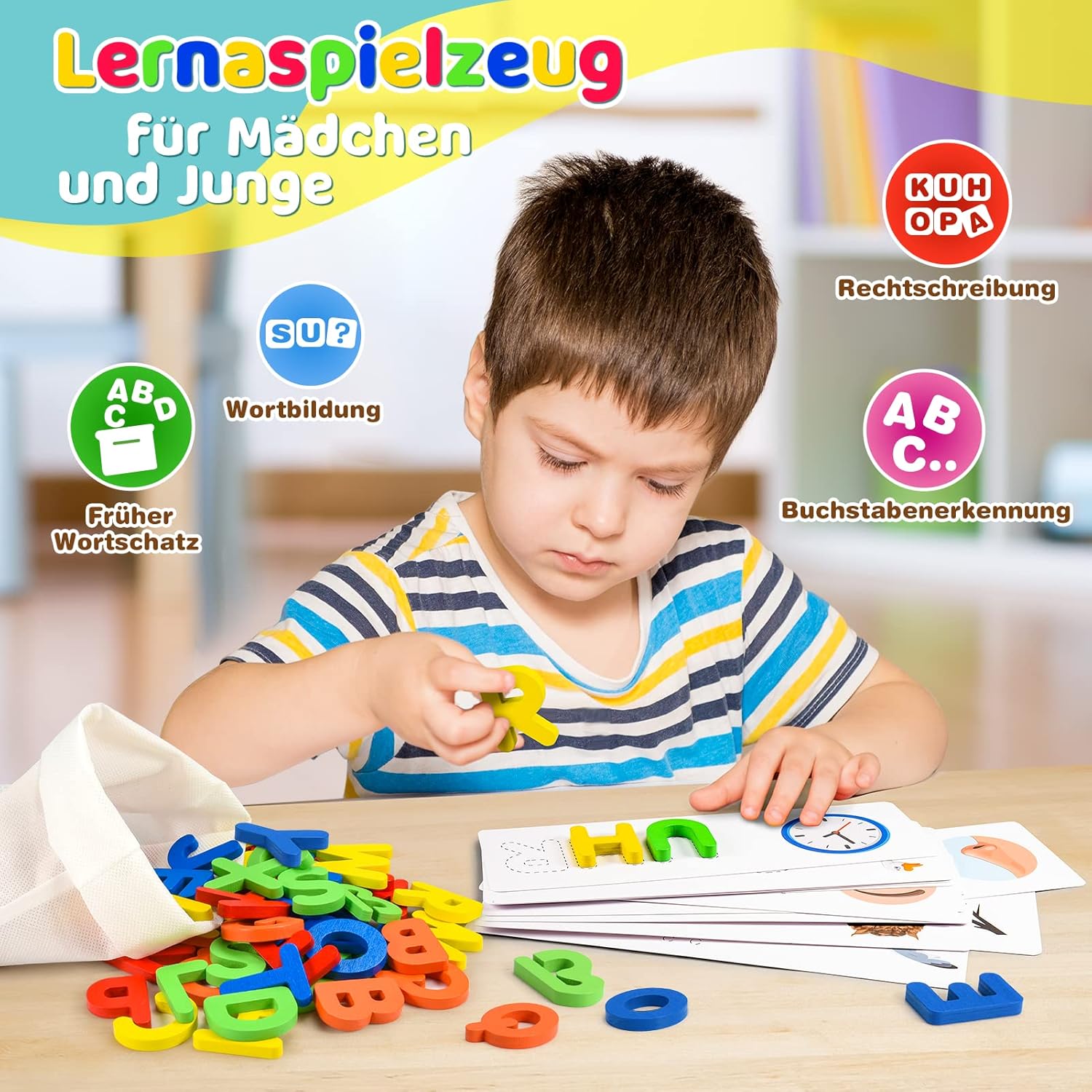 Detalle 2 de Qukir Buchstaben-Lernspiel: Montessori Alphabet mit 65 Holzbuchstaben & 30 Karten
