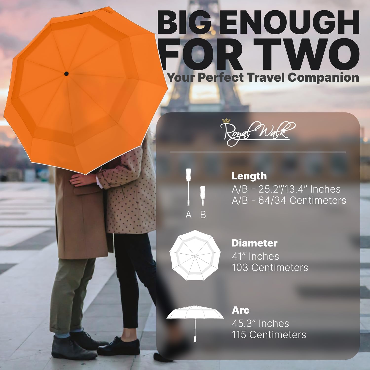 Thumbnail 1 de Royal Walk Windproof Folding Travel Umbrella with Real Wood Handle – Automatic, Vented Double Canopy, Orange