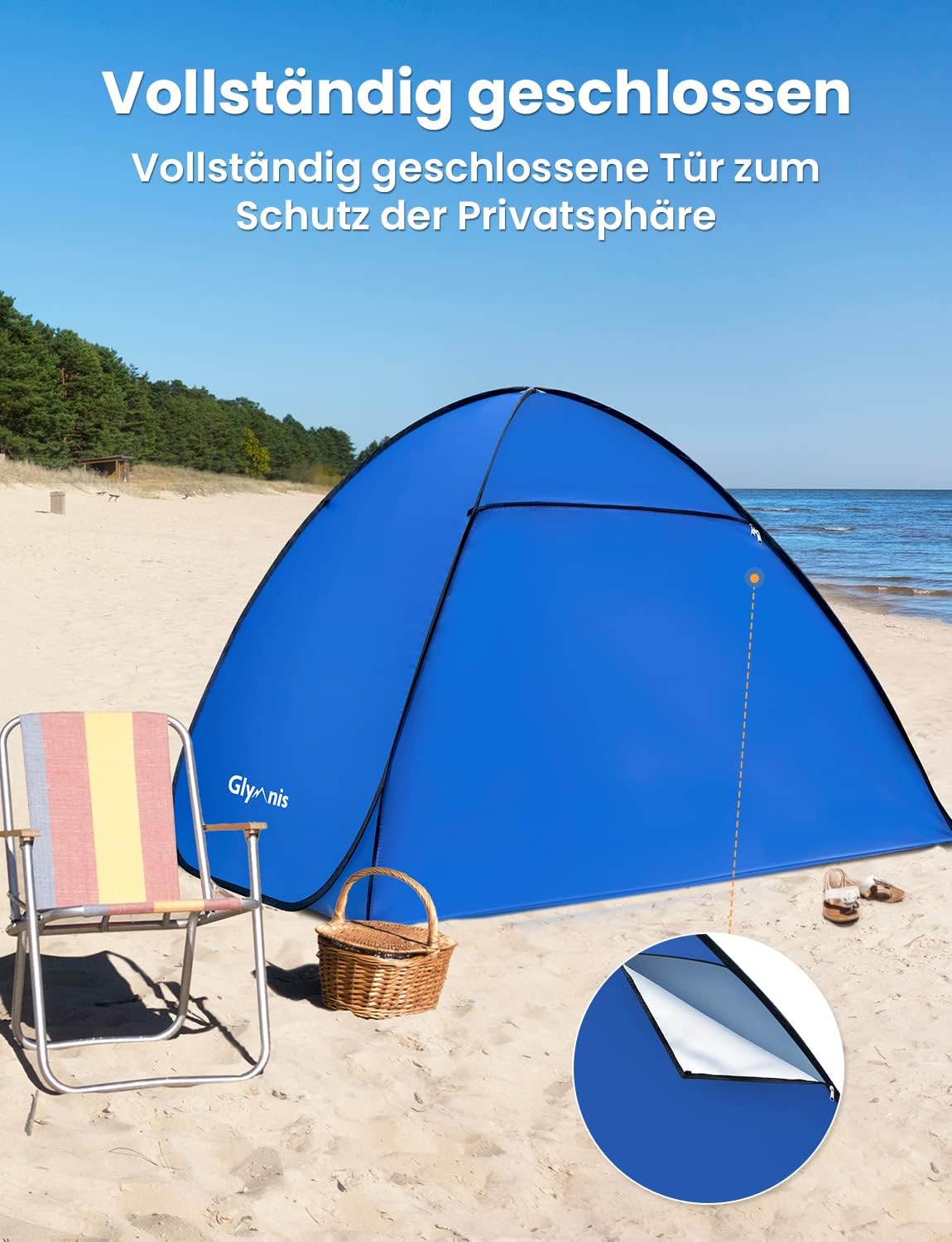 Detalle de Glymnis Strandmuschel Pop Up Strandzelt – UV-Schutz 50+, Windschutz, blau, kompakt