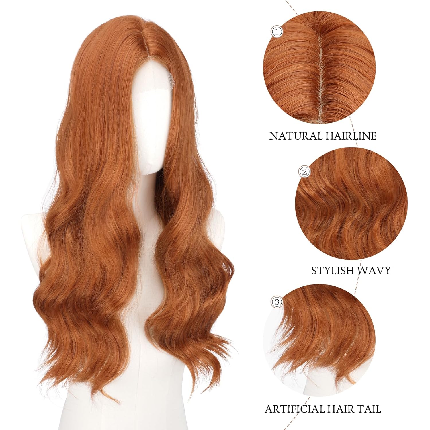 Thumbnail 3 de FESHFEN Lace Front Lange Gewellt Auburnrot Perücke – 60 cm, Synthetik, Natürlich fallend